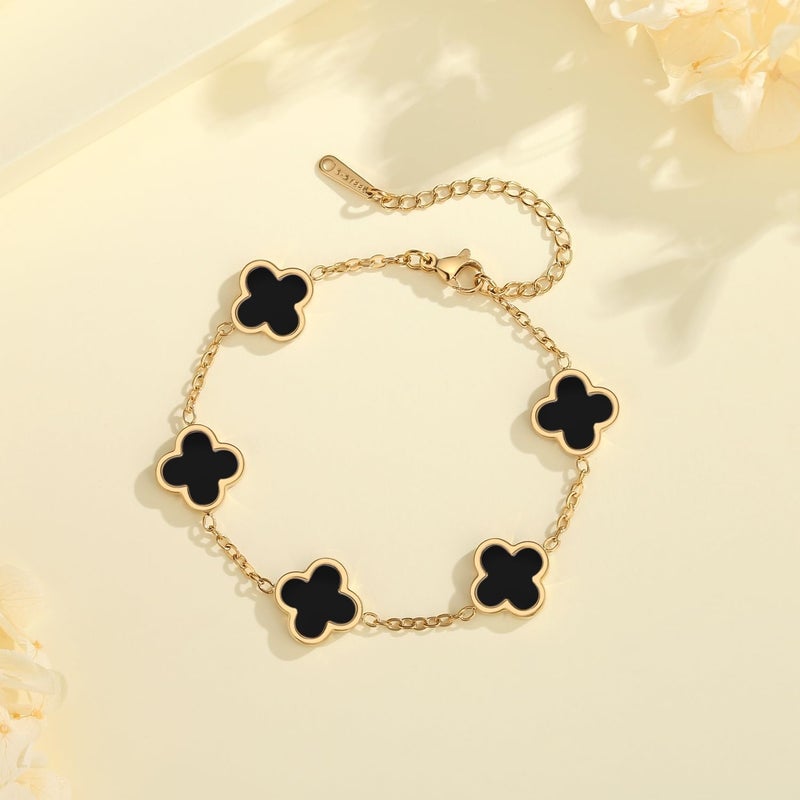 HAITTY 18K Gold Plated Clover Bracelet Set for Women White/Black/Gold/Silver/Green/Pink Adjustable Link Double-Sided Lucky Bracelets Trendy Bracelets Set Jewelry Gifts for Women Men - Image 3